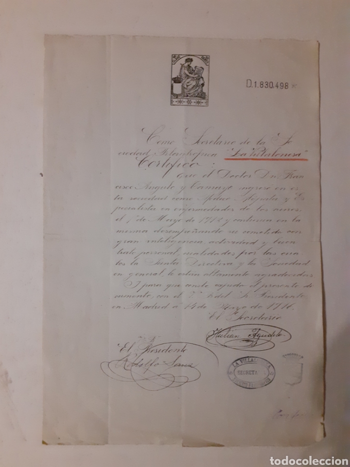 Alte Manuskripte: Documento de ingreso en la Sociedad Filantropica La Villalonesa. 14 de mayo de 1916.