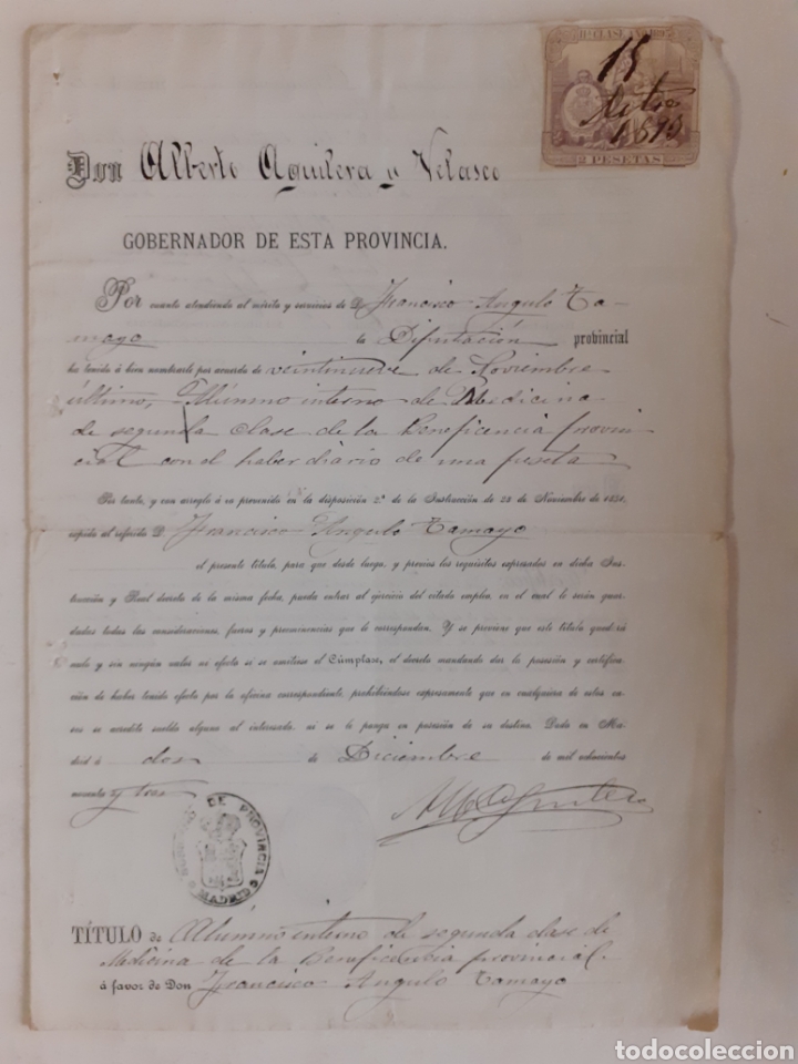 Alte Manuskripte: T&iacute;tulo de alumno interno de 2.&ordf; clase de la Beneficencua Provincial. 1893.