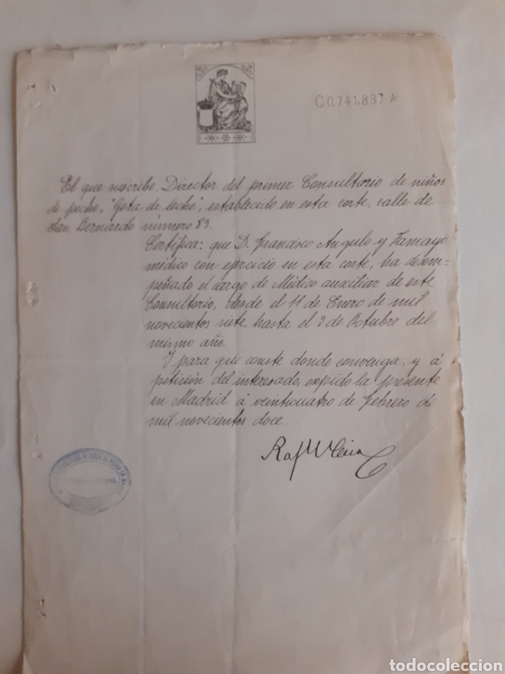 Alte Manuskripte: Certificado de prestaci&oacute;n de servicios del m&eacute;dico Francisco Angulo Tamayo. 24-2-2912.