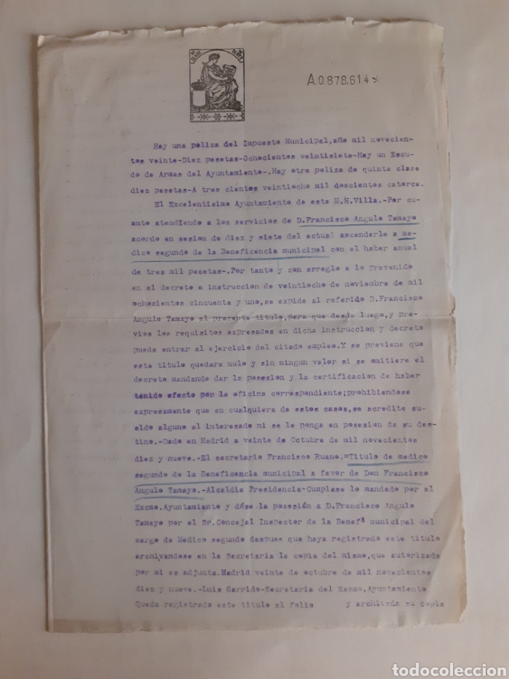Alte Manuskripte: Documento de nombramiento como medico 2&deg; de la Beneficencia Municipal.1-4-1922