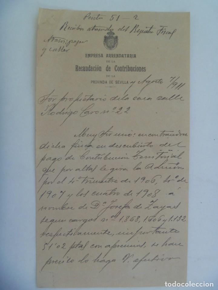 Manoscritti antichi: EMPRESA ARRENDATARIA DE LA RECAUDACION DE CONTRIBUCIONES: CARTA AVISO DE PAGO. SEVILLA, 1911