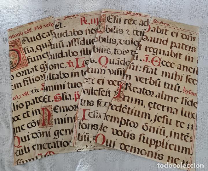 Manuscrits anciens: MAGNIFICAS 4 HOJAS DE CANTORAL ROMANO EN PERGAMINO MINIADO,S. XVI-XVII