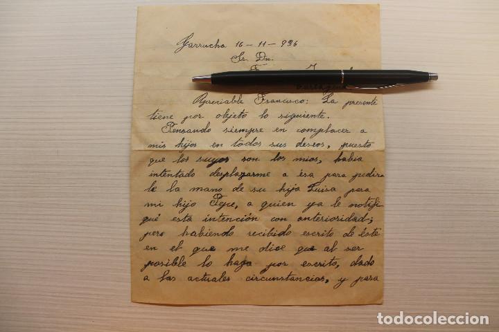 Alte Manuskripte: GARRUCHA, 1936, CARTA EXPLICANDO QUE POR CIRCUNSTACIAS NO PUEDE DAR LA MANO DE SU HIJA EN PERSONA