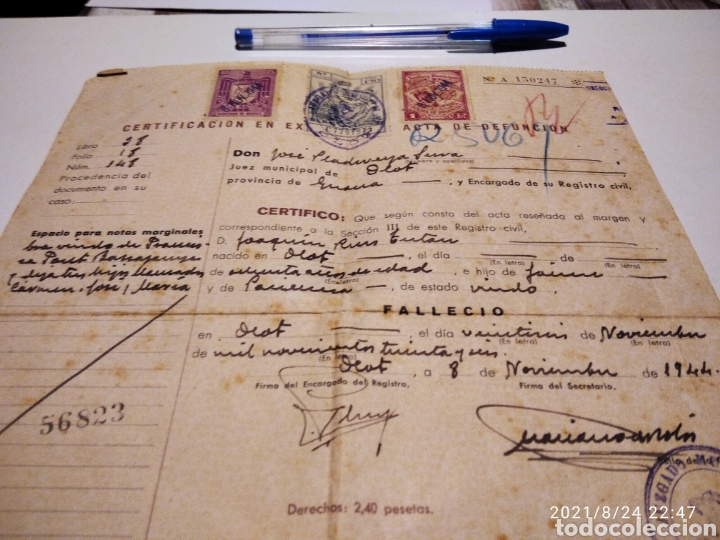 Manuscritos antiguos: Certificado de defunci&oacute;n Olot 1944 - Foto 3