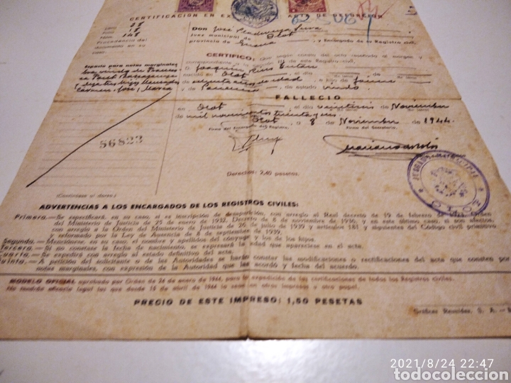 Manuscritos antiguos: Certificado de defunci&oacute;n Olot 1944 - Foto 5