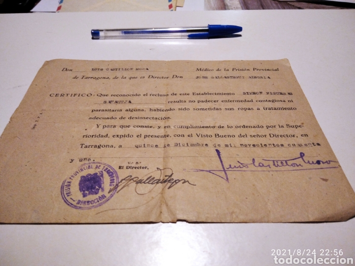 Alte Manuskripte: Certificado que reconocido el recluso SIME&Oacute;N FIGUERAS SANAHUJA no padece enfermedad contagiosa prisi