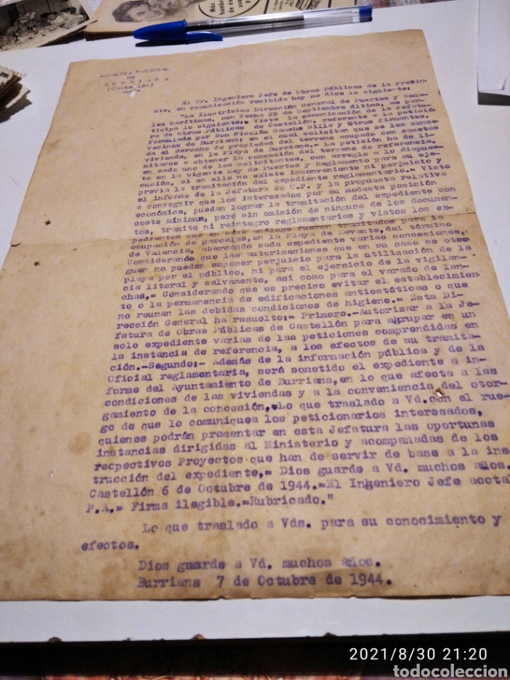 Alte Manuskripte: Alcald&iacute;a de Burriana 1944 Nicol&aacute;s Sancho Silla ir otros vecinos, solicitan el derecho de propiedad