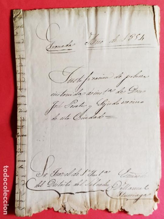 Manoscritti antichi: Manuscrito justificante pobleza de J Peseti Cejudo M Garcia Alarcon profesor cirug&iacute;a Granada 1854