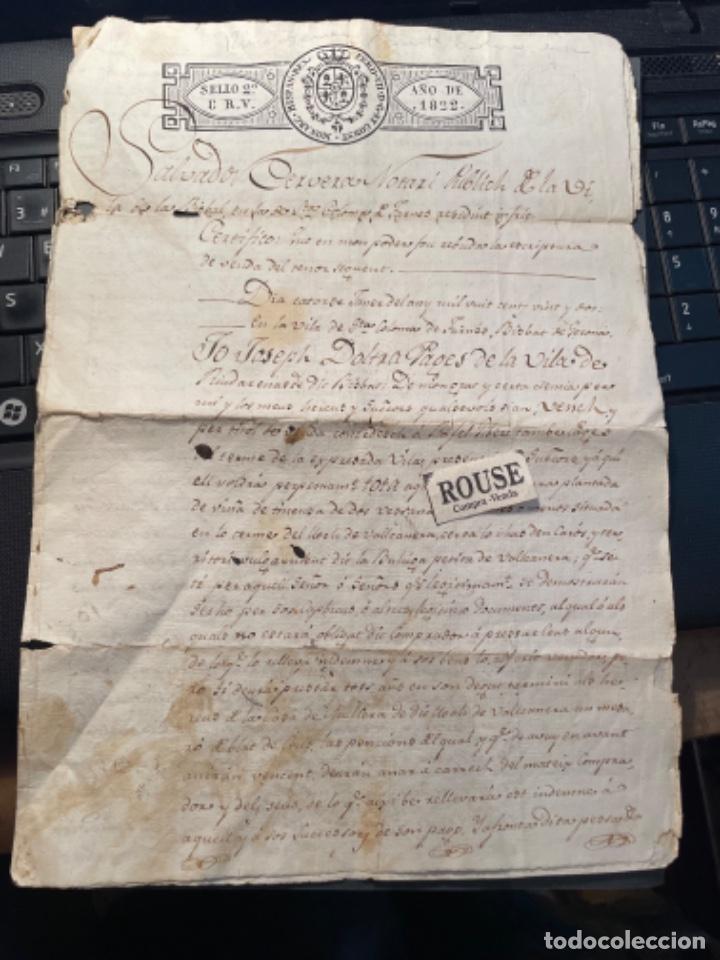 Manoscritti antichi: STA. COLOMA DE FARNES / RIUDARENAS - 1822 VENTA DE UNA PESSA DE TERRA DE VI&Ntilde;A - 4 PAG.