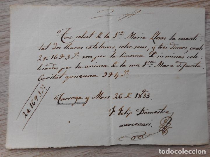 Manoscritti antichi: ANTIGUO RECIBO MANUSCRITO.MARIA LLOSAS.LIMOSNA DIFUNTA MADRE.CARITAT QUISCUNA? TARREGA LERIDA 1833