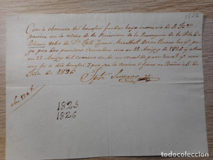 Manoscritti antichi: ANTIGUO RECIBO MANUSCRITO.PARROQUIA VILLA DE BLANES.GERONA 1826.IGNACI MIRALBELL.