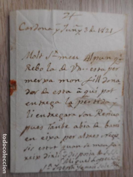 Manoscritti antichi: ANTIGUA CARTA MANUSCRITA.MIQUEL LOPEZ COLL-JOSEPH IGNASI SOL&Eacute;.CARDONA 1821