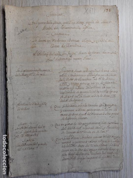 Manuscritos antiguos: ANTIGUA ESCRITURA MANUSCRITA PROCESO PAU RIEVA - BERNAT BORIA.DOCTOR EN MEDICINA.BARCELONA 1663-1666