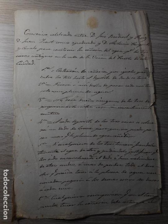 Manoscritti antichi: ANTIGUO MANUSCRITO.CONVENIO CONSTRUCCION CA&Ntilde;ERIA AGUA.CALLE UNION.PUERTO TARRAGONA.