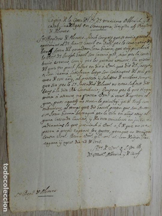 Manuscritos antiguos: ANTIGUO MANUSCRITO.CARTA.MARIANO ALBERICH CASALS.TARRAGONA-REGIDOR DE ALCOVER. 1725.