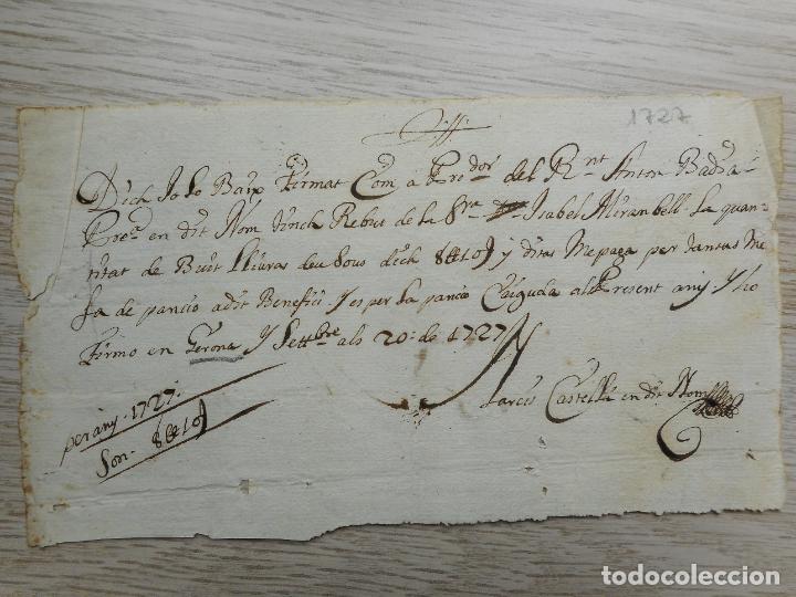 Manoscritti antichi: ANTIGUO RECIBO MANUSCRITO.ISABEL MIRAMBELL.GERONA 1727. TEXTO EN CATALAN