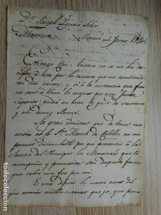 Manuscritos antiguos: ANTIGUA CARTA MANUSCRITA.JOSEPH IGNASI SOLER.MANRESA-JOAQUIM RIERA.MATAR&Oacute; 1810?