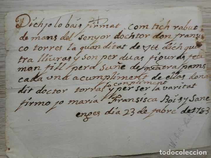 Manuscritos antigos: ANTIGUO RECIBO MANUSCRITO.DOCTOR FRANCISCO TORRES-FRANCISCA ROIS? Y SANE. CATALU&Ntilde;A 1783