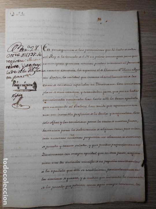 Ancient Manuscripts: MANUSCRITO ORDEN REAL JUAN AGUSTIN BADIN. CONSULADO ELSENEUR. DINAMARCA. SAN LORENZO 1797. MARINA.