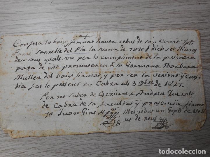 Manuscritos antigos: ANTIGUO RECIBO MANUSCRITO.ANDREU QUERALT DE CABRA.JUAN GINE.EL PLA.TARRAGONA 1827