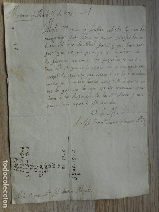 Manuscritos antigos: ANTIGUA CARTA.ANTON RIGALS-FRANCISCO JANES FORNES.MATARO 1795. PREFILATELIA.