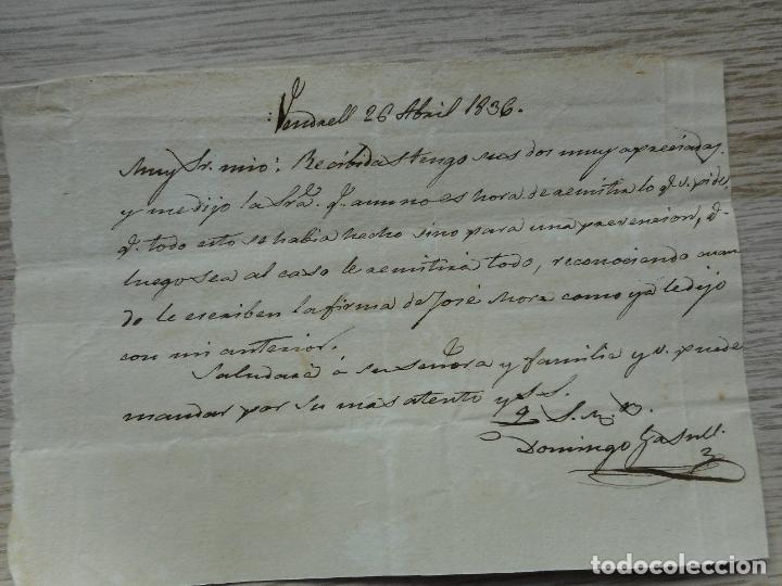 Manuscritos antigos: ANTIGUA CARTA.DOMINGO GASULL? VENDRELL.TARRAGONA 1836
