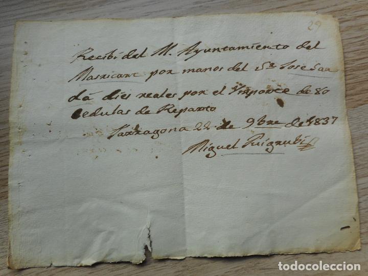 Manuscritos antigos: ANTIGUO RECIBO.AYUNTAMIENTO DE MASRICART? TARRAGONA 1837. JOSE SARDA-MIGUEL PUIGRUBI.