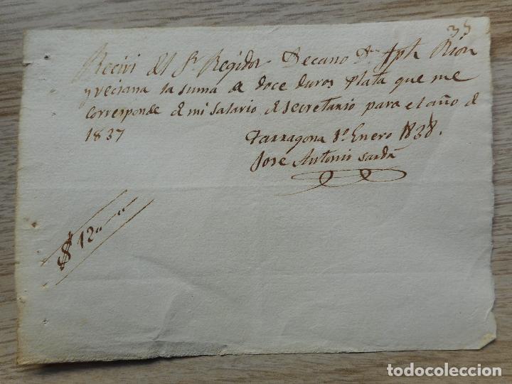 Manuscritos antiguos: ANTIGUO RECIBO MANUSCRITO.DOCE DUROS EN PLATA.JOSE ANTONI SARDA.TARRAGONA 1838.