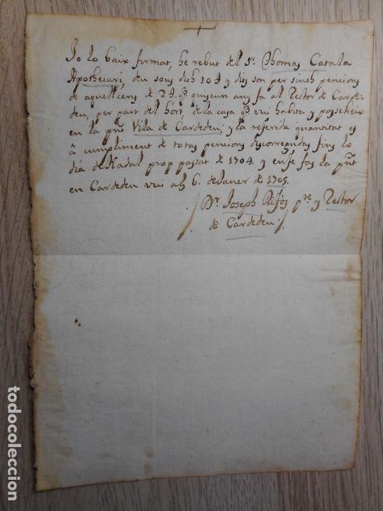 Manuscritos antigos: ANTIGUO RECIBO MANUSCRITO.THOMAS CATALA? JOSEPH RIFOS? CARDEDEU BARCELONA 1705.