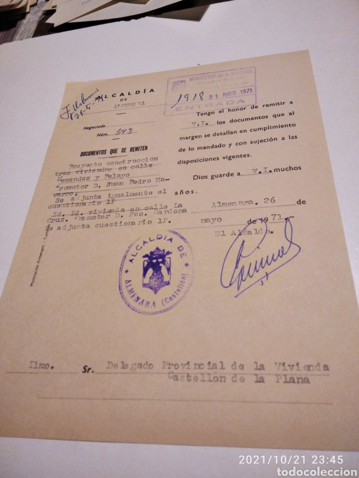 Alte Manuskripte: Hoja alcald&iacute;a de Almenara Ministerio de la vivienda cu&ntilde;o