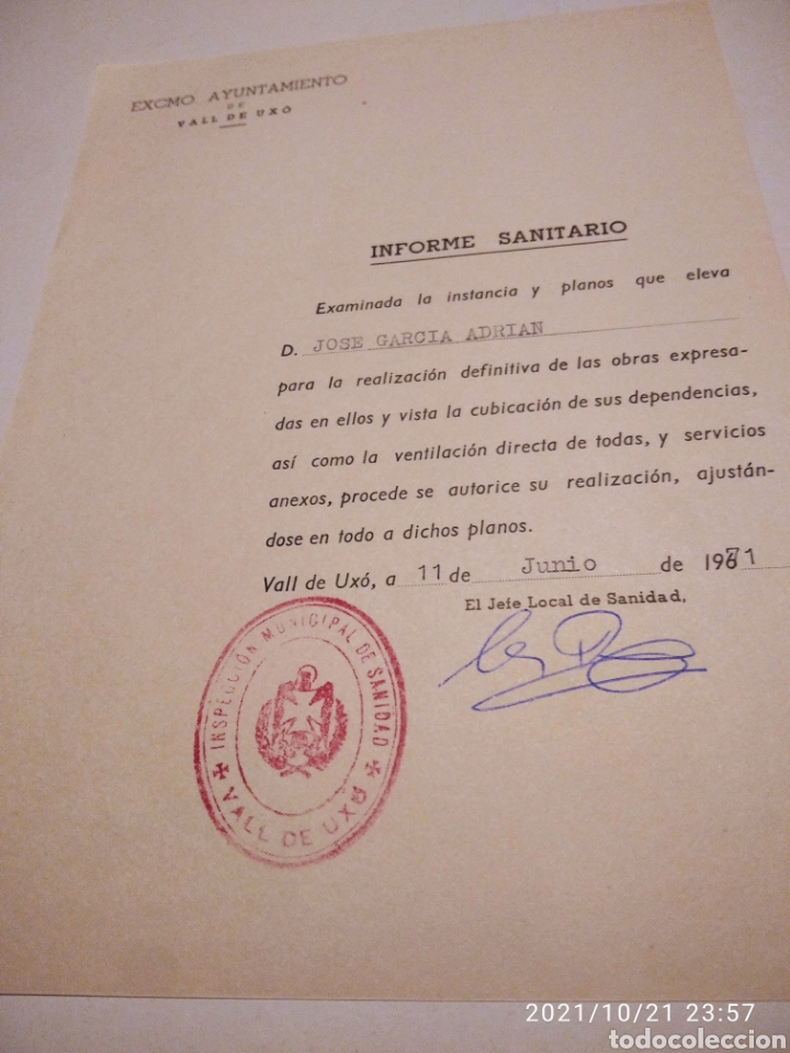 Alte Manuskripte: Informe sanitario Excmo Ayuntamiento de Vall de Ux&oacute; 1971 cu&ntilde;o inspecci&oacute;n municipal de Sanidad aguila