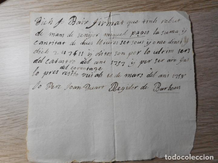 Alte Manuskripte: ANTIGUO RECIBO MANUSCRITO.PERE JOAN DUART. REGIDOR DE BARBENS.LERIDA 1791?