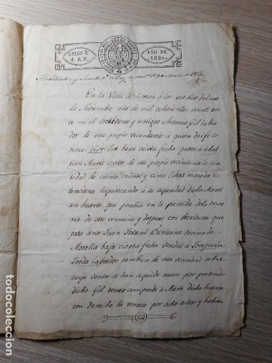 Alte Manuskripte: ANTIGUA ESCRITURA.ANTONIO GIL.JOAQUIN JORDA.ZORITA.CACERES 1820.SELLO 3.HABILITADO REY CONSTITUCION