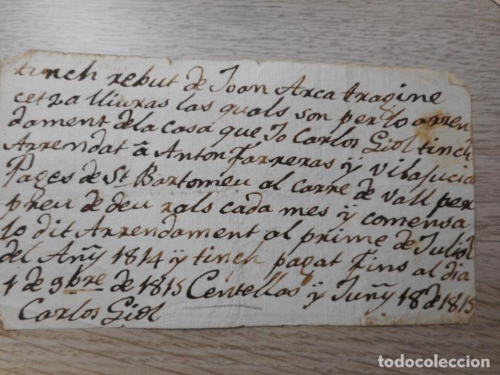 Alte Manuskripte: ANTIGUO RECIBO MANUSCRITO CATALAN.CARLOS GIOL.CENTELLES. BARCELONA 1815