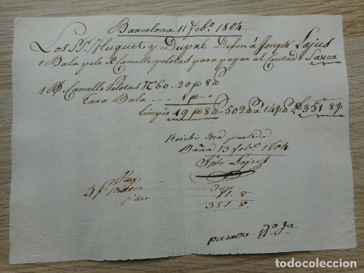 Alte Manuskripte: ANTIGUO RECIBO MANUSCRITO.HUGUET Y DUPRE SOCIEDAD COMERCIAL -JOSEPH LAJUS.BARCELONA 1804.
