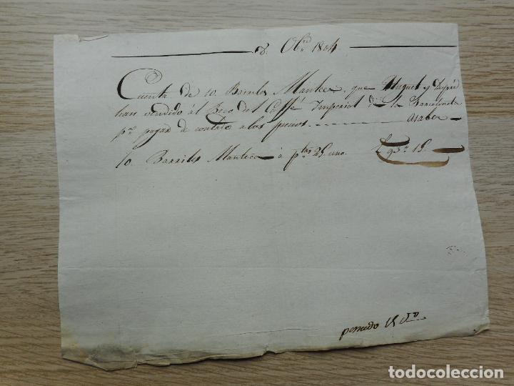 Alte Manuskripte: ANTIGUO RECIBO MANUSCRITO.BARRILES DE MANTECA.HUGUET Y DUPRE.CAFE IMPERIAL.LA BARCELONETA 1804