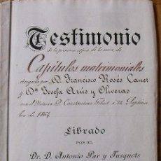 Manuscritos antiguos: TESTIMONIO CAPÍTULOS MATRIMONIALES. FRANCISCO ROSÉS CANUT. JOSEFA ARÚS OLIVERAS. 1898. BARCELONA.