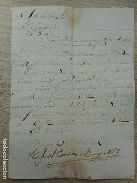 Alte Manuskripte: ANTIGUA CARTA.RAFAEL COMAS BUSQUET.TORROELLA MONTGRI-JOSEPH ANTON SARDA.TARRAGONA 1828