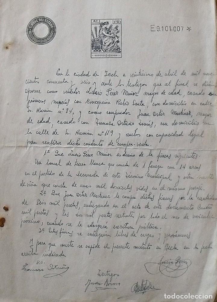 Manuscritos antiguos: Escritura Compra Venta. Yecla. 1956. Sello 8&ordf; clase. 1 p&aacute;gina. Lucio P&eacute;rez Mu&ntilde;oz. 32x24 cm.