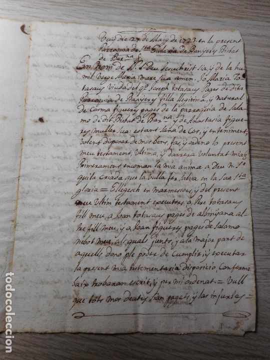 Alte Manuskripte: ANTIGUO MANUSCRITO.TESTAMENTO.PARROQUIA SANTA EULALIA.MARIA TOTASAUS.BANYERES.BA&Ntilde;ERAS.TARRAGONA 1723