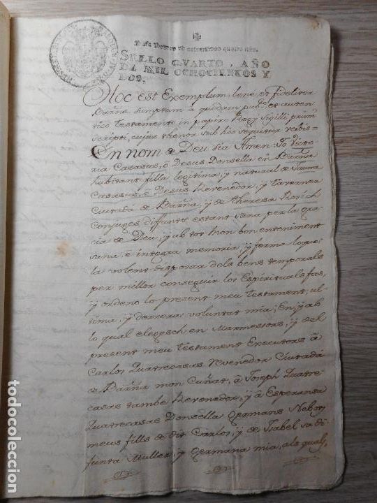 Alte Manuskripte: ANTIGUA ESCRITURA.MANUSCRITO.TESTAMENTO.VICTORIA CASASAUS.THERESA ROSICH.BARCELONA 1802