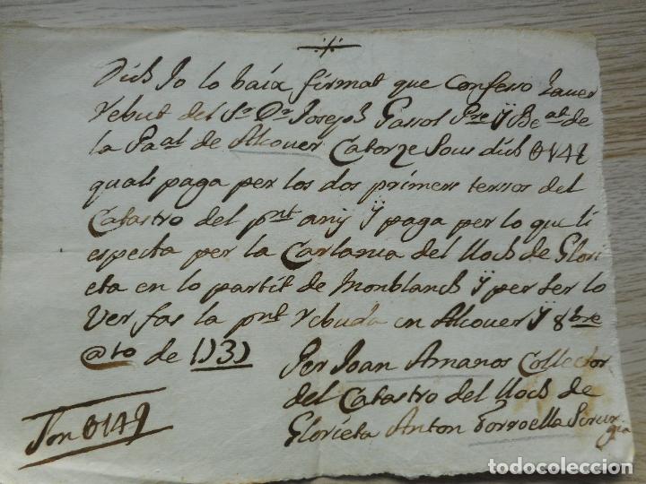 Manuscritos antiguos: ANTIGUO RECIBO MANUSCRITO.ALCOVER TARRAGONA 1737