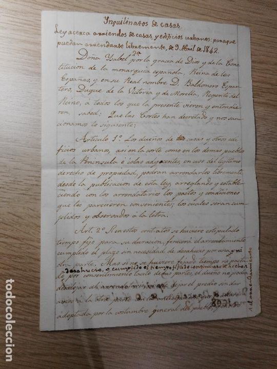 Alte Manuskripte: ANTIGUO MANUSCRITO.INQUILINOS DE CASAS.ARRIENDO EDIFICIOS URBANOS.BARCELONA 1842