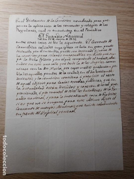 Manuscritos antiguos: ANTIGUO MANUSCRITO.PERIODICO EL GUARDIA NACIONAL 1836.CONVENTOS Y COLEGIOS.