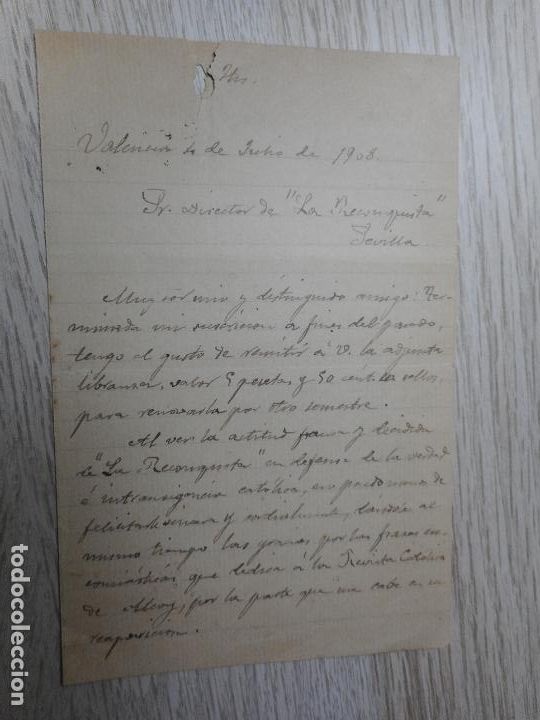 Alte Manuskripte: ANTIGUA CARTA.EUGENIO GARRIDO.PERIODICO LA RECONQUISTA-DAMASO BURGOS? VALENCIA 1908