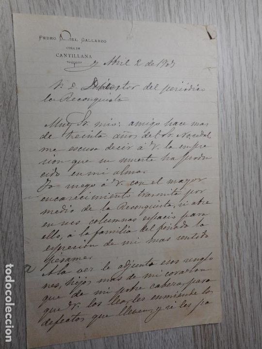 Alte Manuskripte: ANTIGUA CARTA EUGENIO GARRIGA.PERIODICO LA RECONQUISTA-PEDRO DANIEL GALLARDO.CURA.CANTILLANA 1907