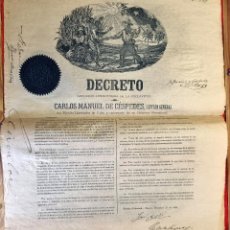Manuscritos antiguos: DOCUMENTO ESCLAVOS DECRETO ABOLICION ESCLAVITUD 147 CUBA 1868 FIRMA CARLOS MANUEL CESPEDES ORIGINAL. Lote 302537783