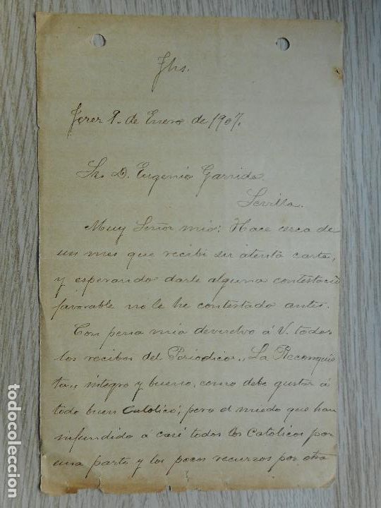 Alte Manuskripte: ANTIGUA CARTA EUGENIO GARRIGA.PERIODICO LA RECONQUISTA-MANUEL LOPEZ AVALOS.JEREZ 1907
