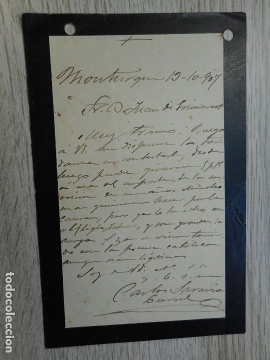 Ancient Manuscripts: ANTIGUA CARTA. CARLOS SARAVIA.MONTURQUE CORDOBA 1907