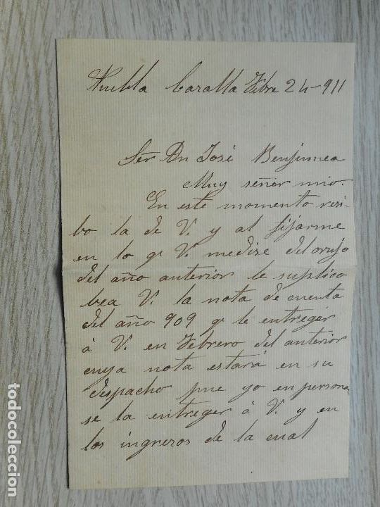 Manuscritos antiguos: ANTIGUA CARTA MANUSCRITA.ANTONIO GOMEZ.PUEBLA DE CAZALLA.1911. BENJUMEA.